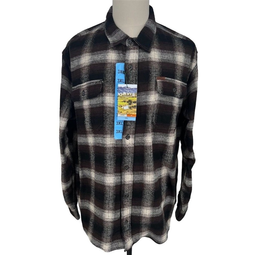 Orvis Big Bear Men's 3XL Brown Plaid Heavy Flannel Shirt Jacket Four Pockets NEW